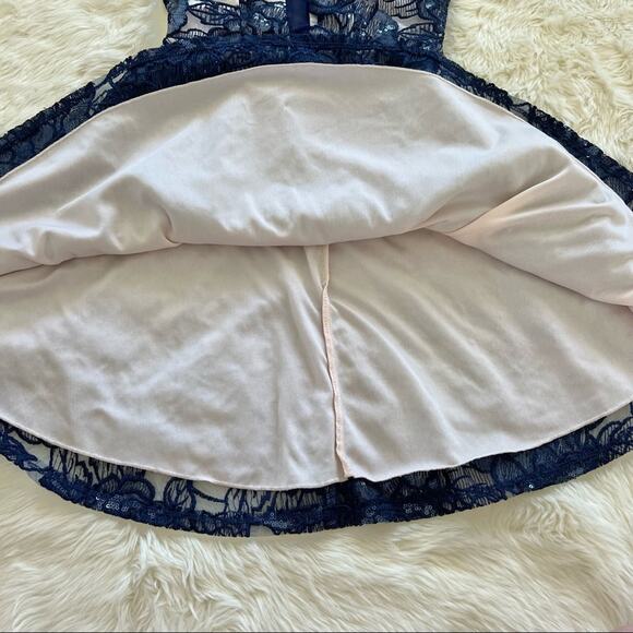 B Darlin Floral Lace Fit and Flare Dress Dark Blue 1/2 - Picture 6 of 13